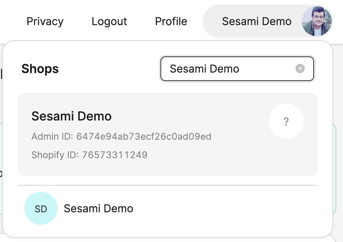 Sesami Admin Portal Shop Section